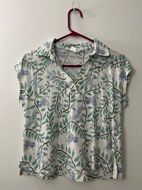 Cynthia Rowley - size MLightweight Leaf & Bird Print Polo Top - Green & Blue